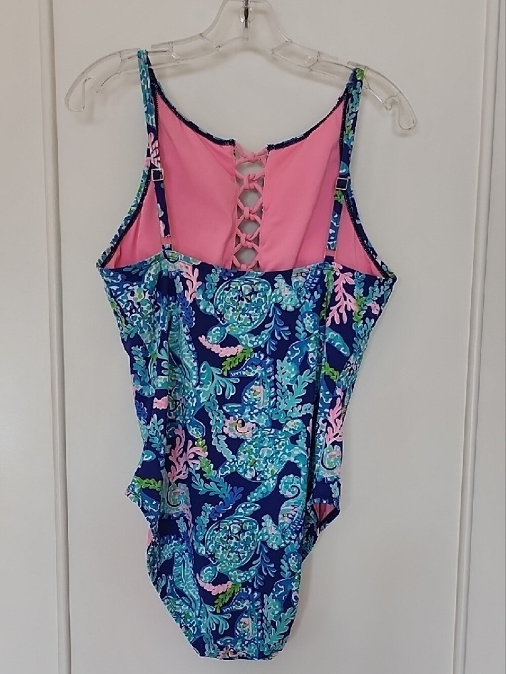 Lilly Pulitzer Blue & Pink Lace-Front One-Piece Swimsuit - Picture 5 of 6